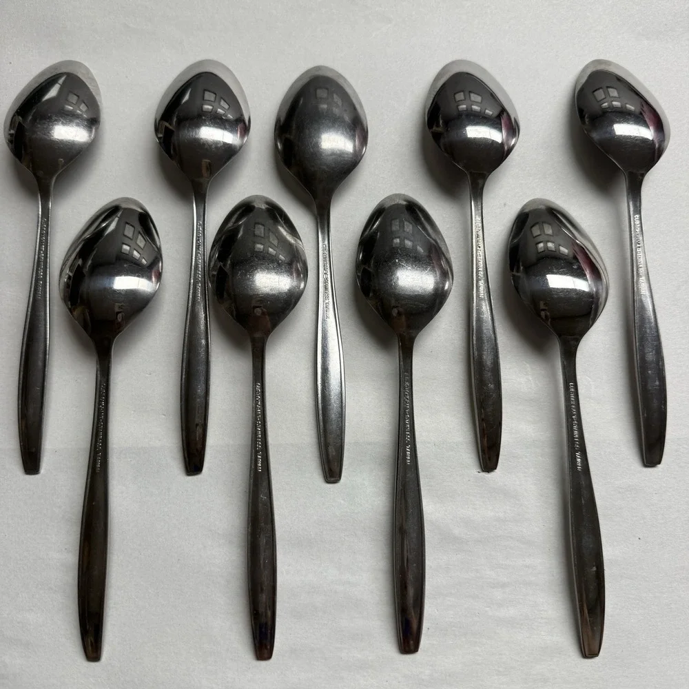 9 Vintage Customcraft CUS1 Soup Table Spoons Roses Stainless Steel Flatware